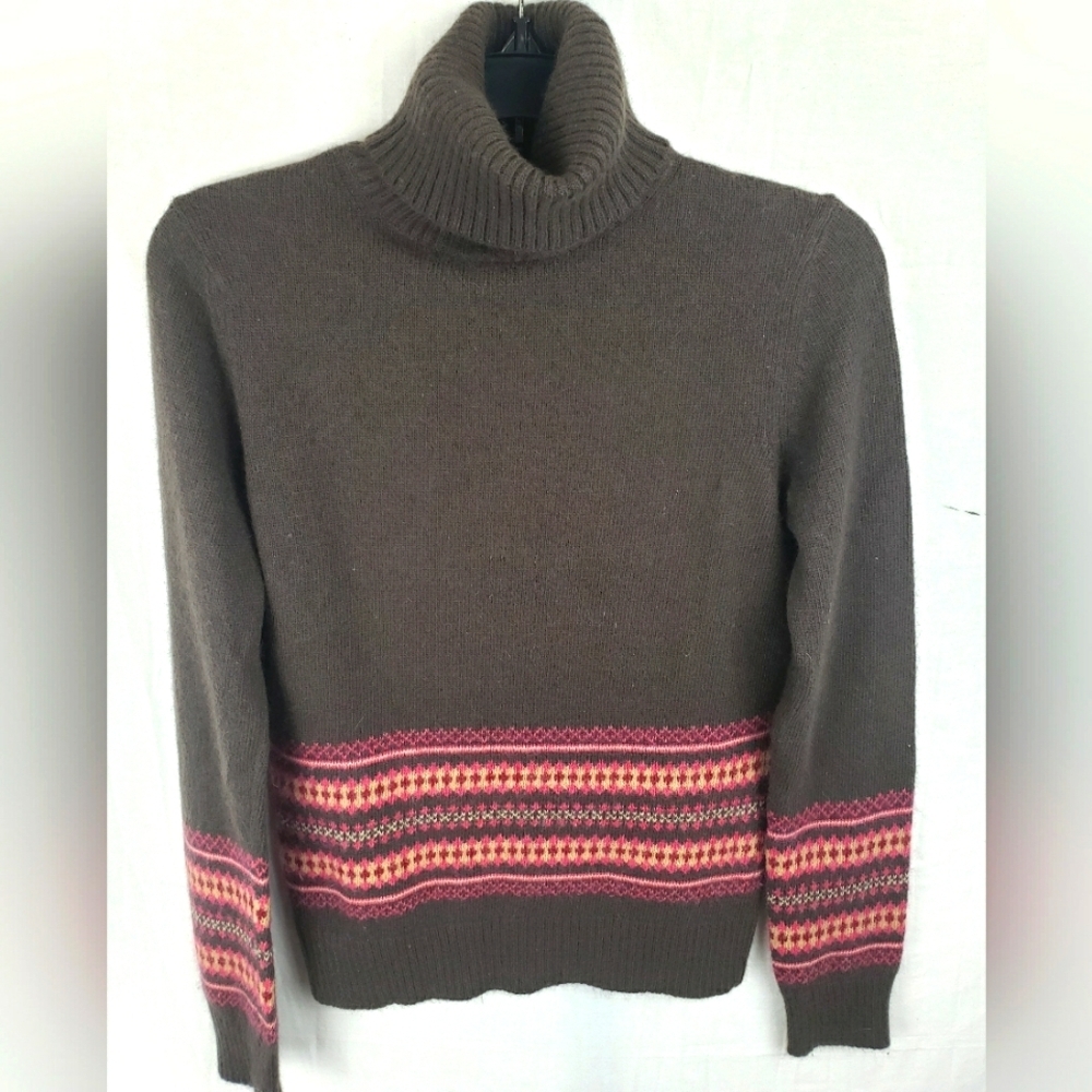 Ann Taylor Brown Lambswool Blend Turtleneck Sweater with Pink Accents Sz S